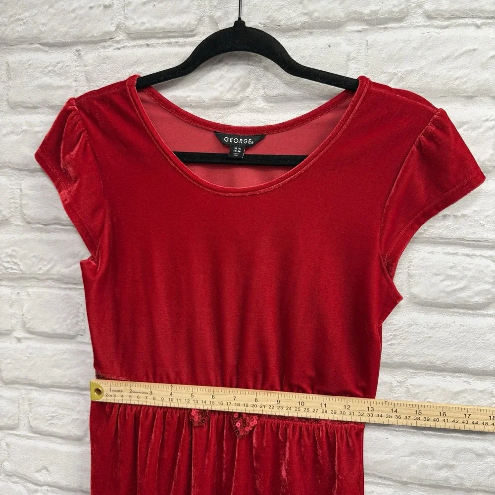 George Girls Sz 14/16 Red Velvet & Sequin Christmas Holiday Dress Formal  w/ Bow